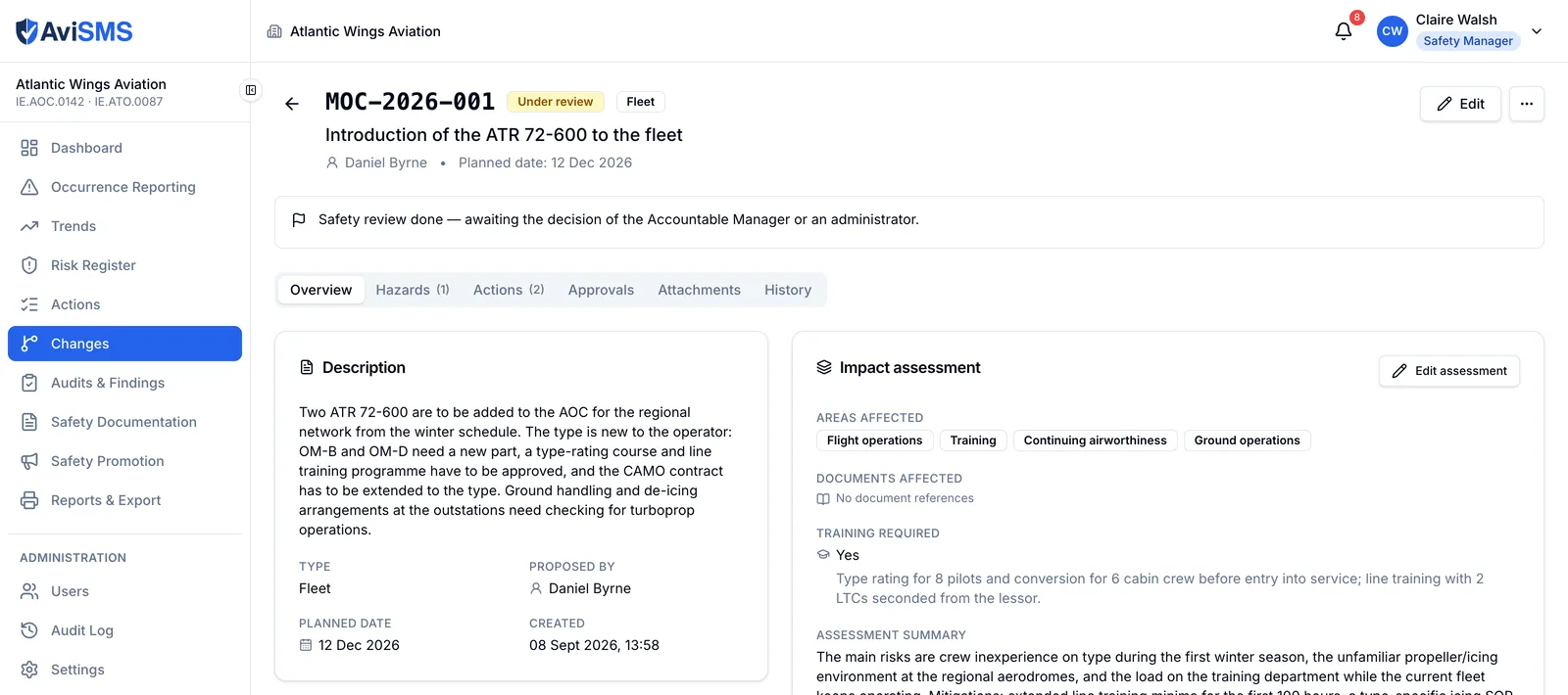 A management-of-change record for introducing a new aircraft type, showing its description, impact assessment, affected areas, training required and assessment summary.