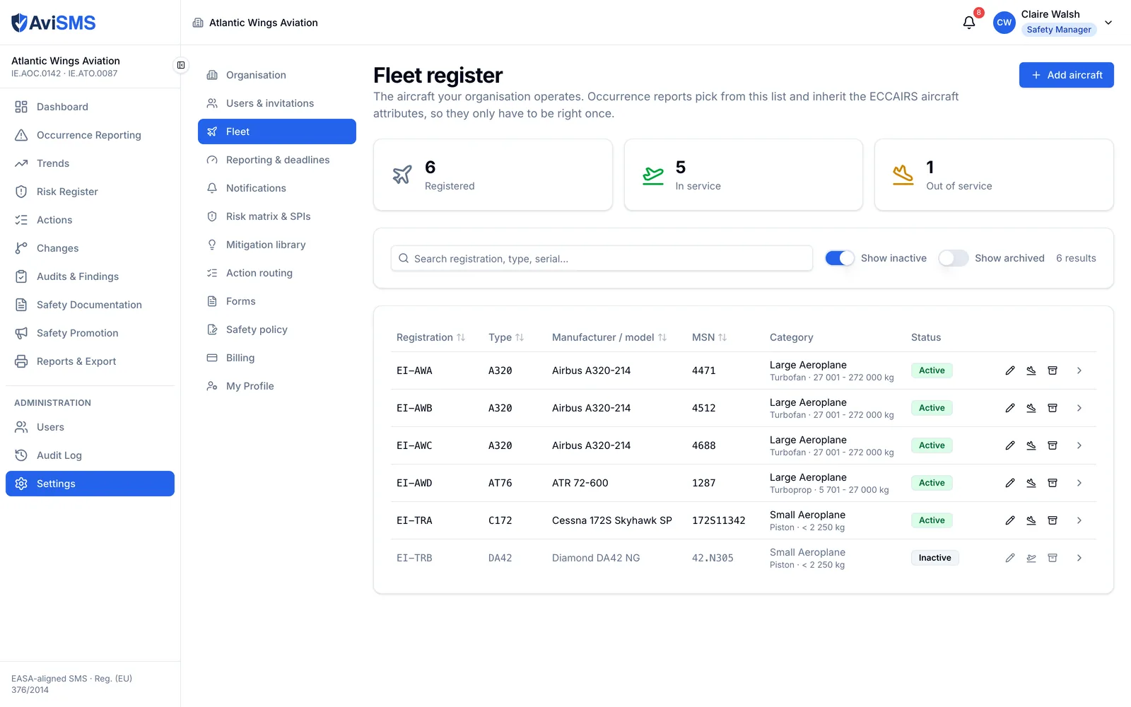 The fleet register in Settings: six aircraft with registration, ICAO type designator, manufacturer and model, serial number, ADREP category with propulsion and mass group, and status.