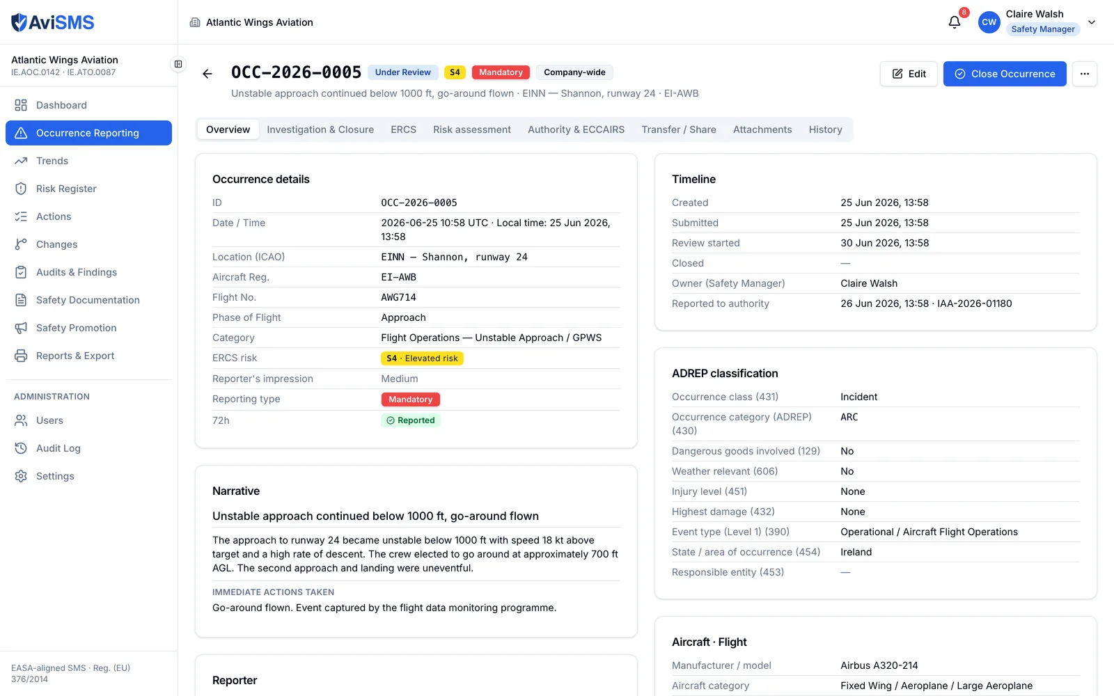 An occurrence record showing occurrence details with its ERCS risk score, its ADREP classification block, the narrative, the reporter with their post, and a timeline including the report to the authority and its reference.