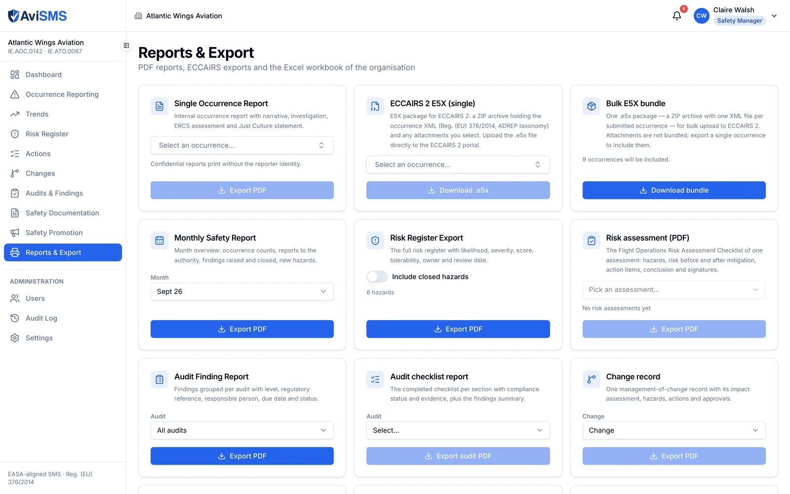 The reports and export page: one panel each for the occurrence report, the single and bulk E5X export, the monthly safety report, the risk register, the risk assessment, audit findings, the audit checklist and the change record.
